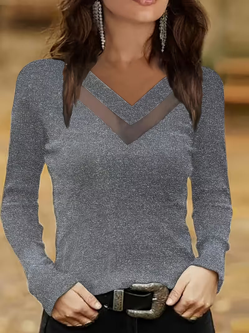 Mesha | Long Sleeve Mesh V Neck Top