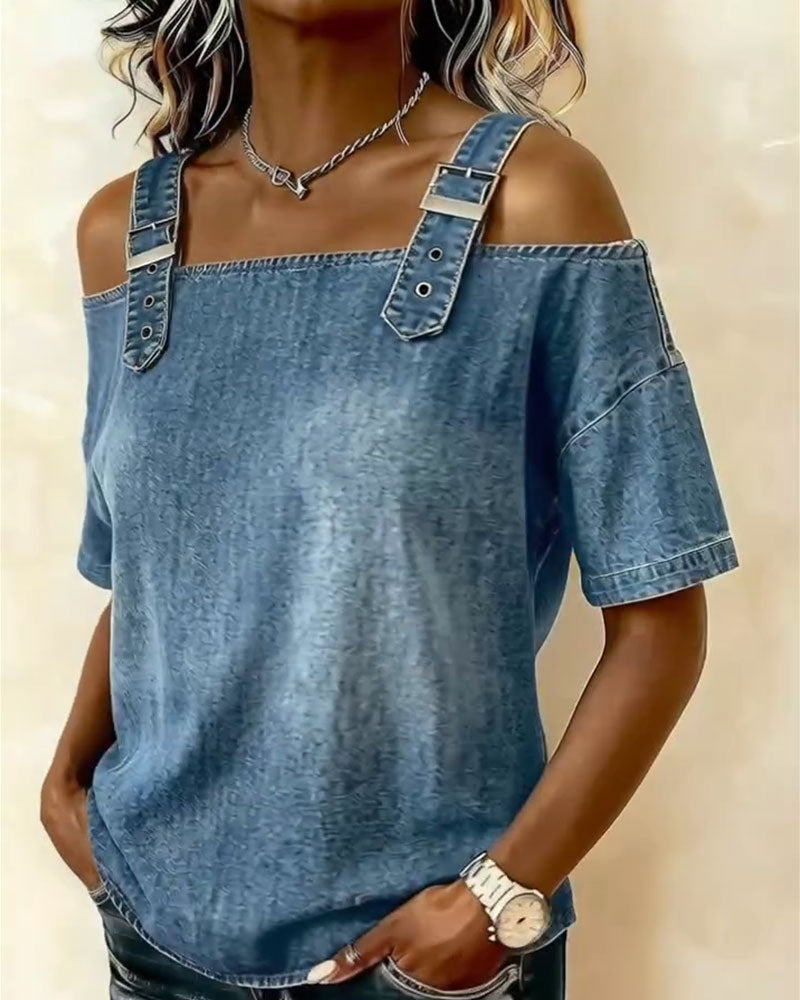 Yamara | Cold Shoulder Denim-Style Strap Top