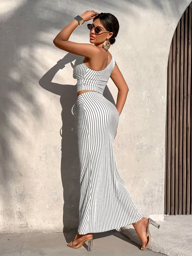 Shaiyla - Striped One Shoulder Top Skirt Set