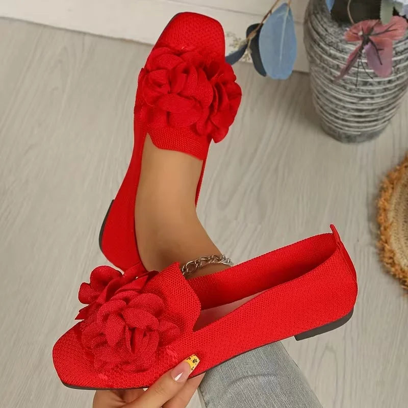 Catriona | Flower Knit Square Toe Ballet Flats
