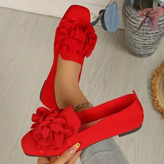 Catriona | Flower Knit Square Toe Ballet Flats