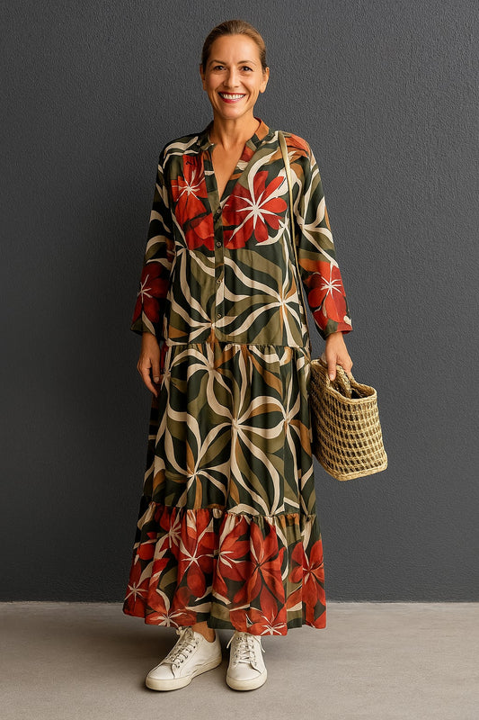 Solveig | Floral Print V-Neck Tiered Maxi Dress