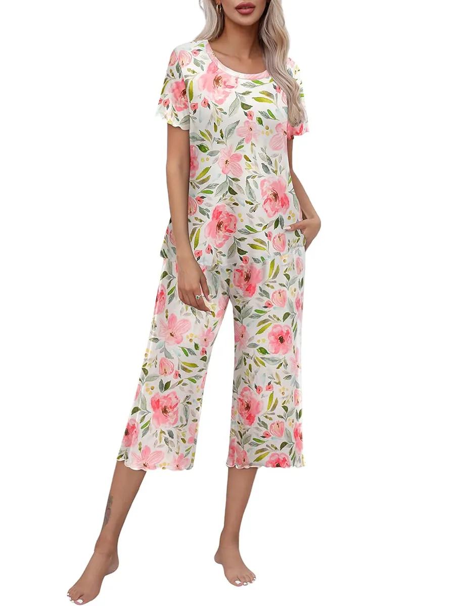 Rashini | Floral Short Sleeve Cropped Pyjama Set