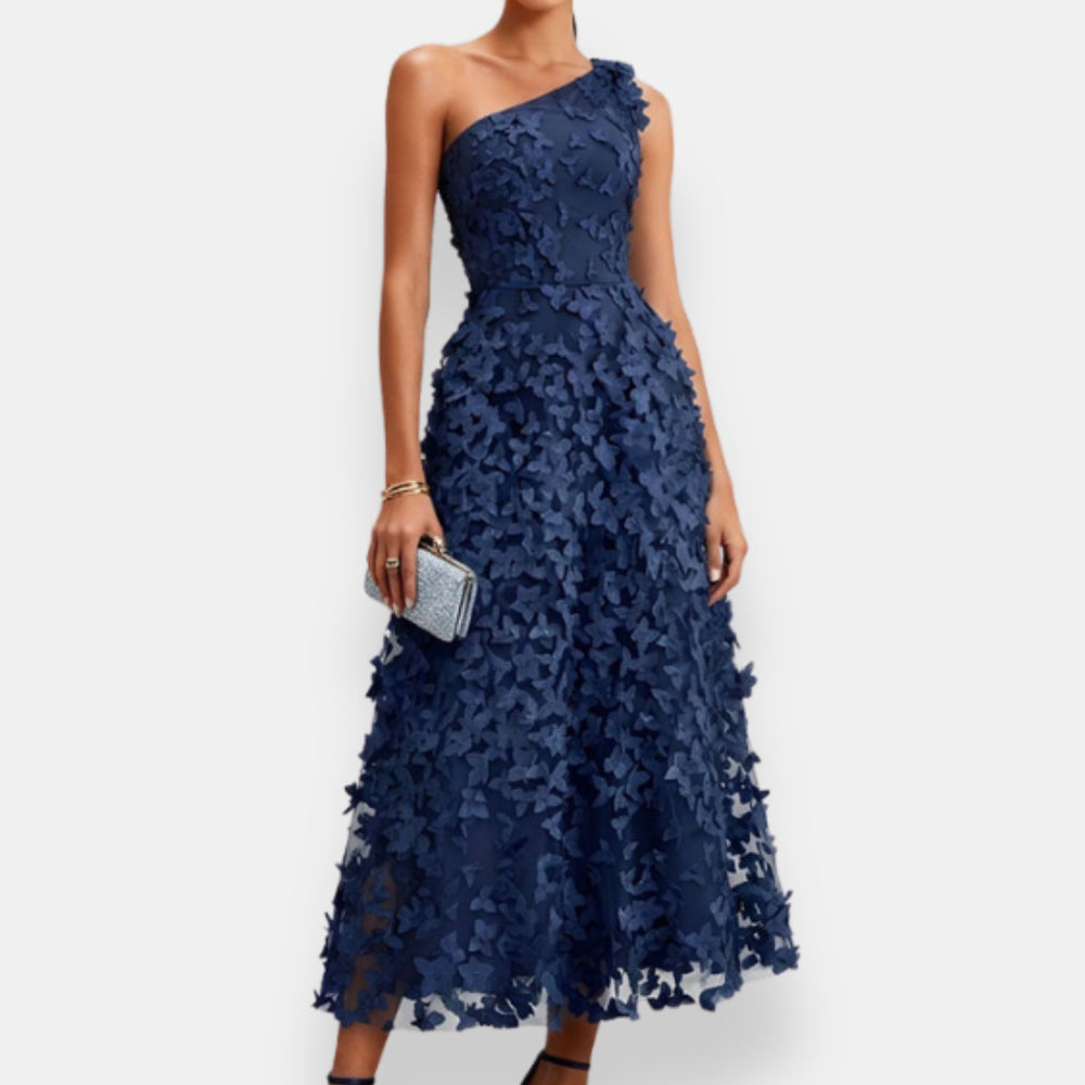 Suniya | Midi Dress One Shoulder Floral Appliqué Overlay