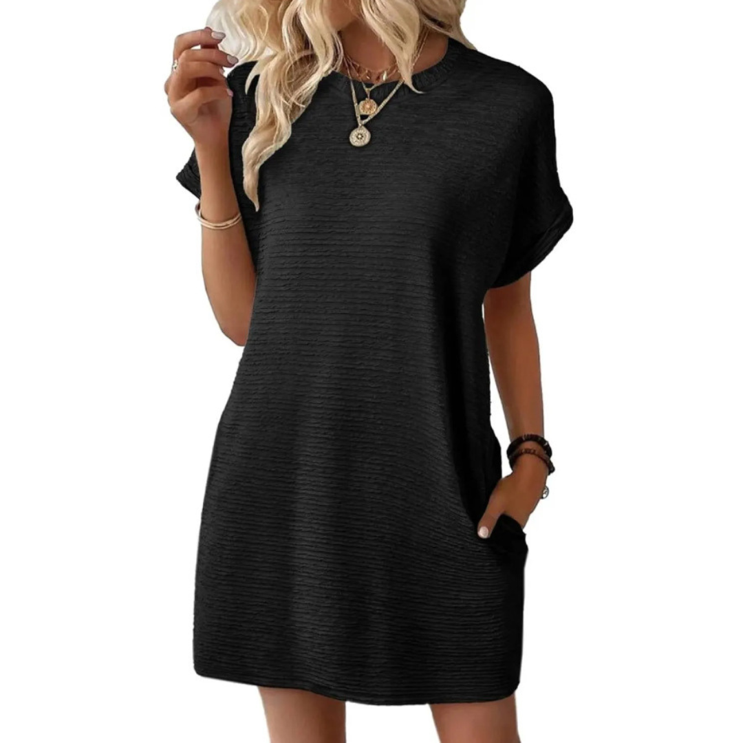 Elviaa - Short Sleeve Textured Pocket Mini Dress