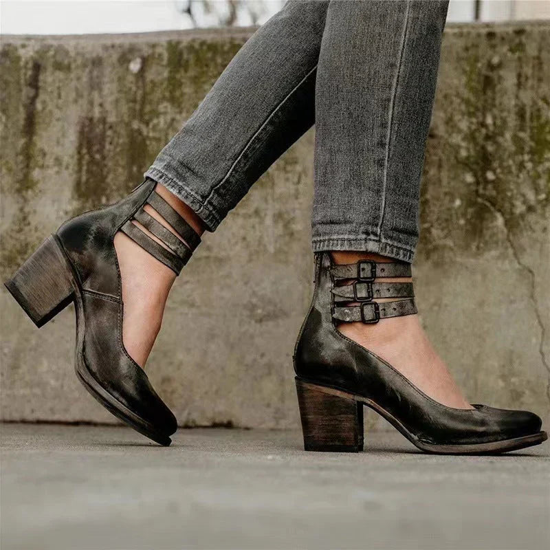 Steffie – Wooden Block Heel Strap Shoes