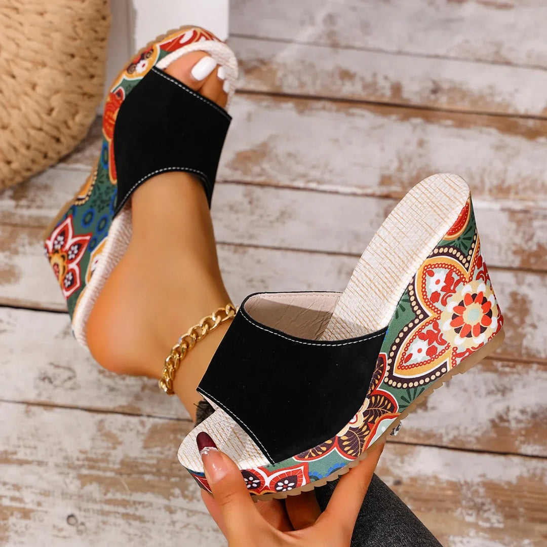 Laerke - Floral Print Wedge Slide Sandals