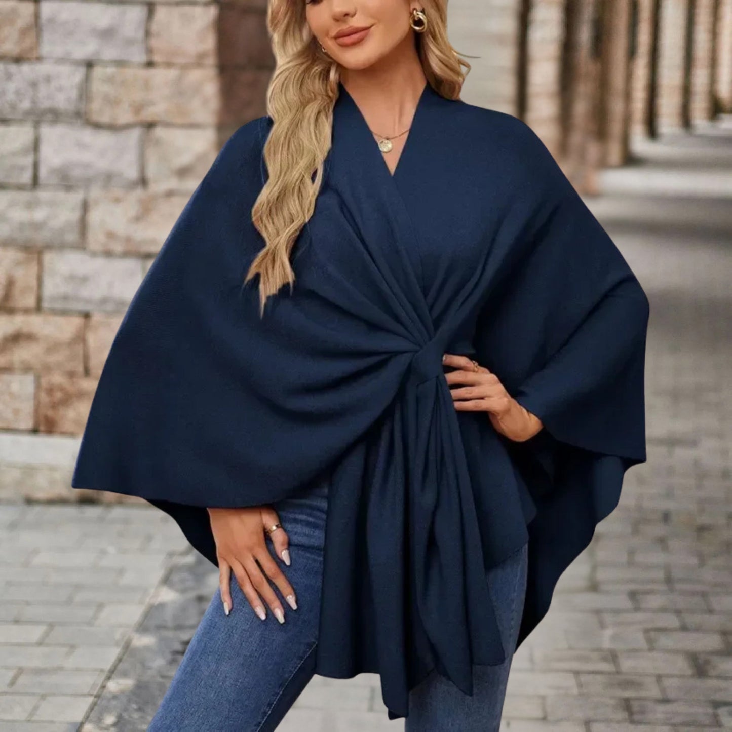 Helin | Knotted Front Wrap Knit Poncho