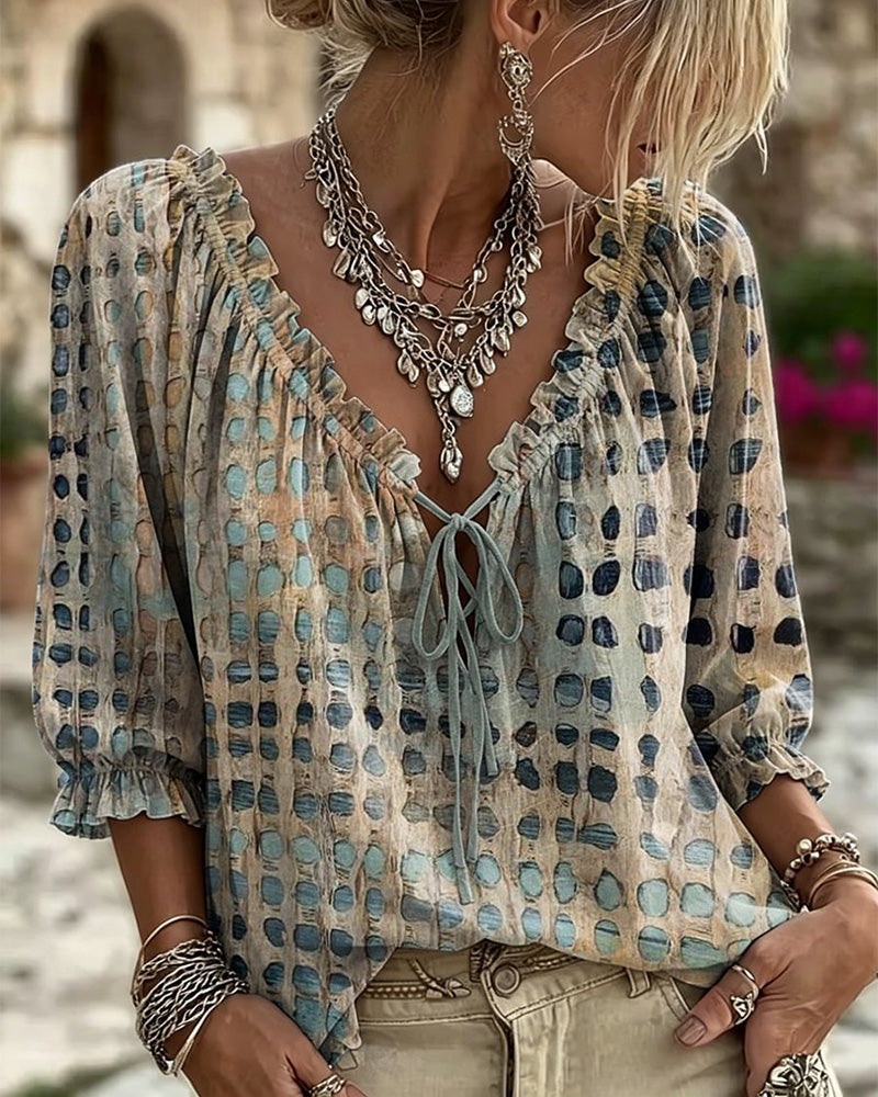 Kesney | V Neck Tie Front Printed Blouse