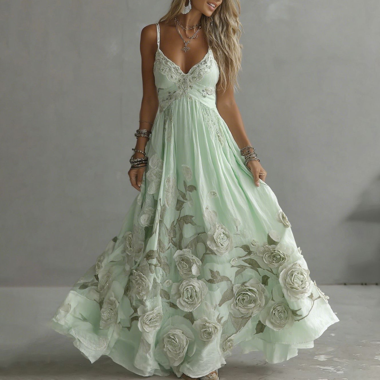 Adeluna | Floral Embroidered V Neck Maxi Dress
