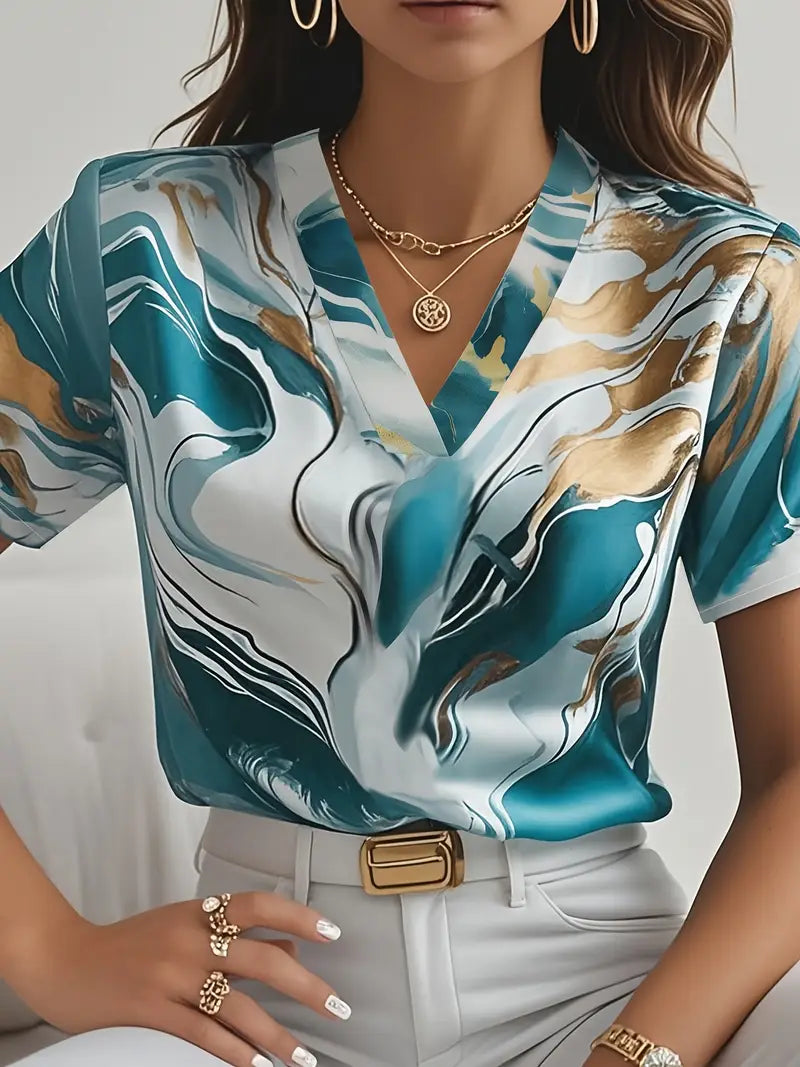 Maroula - Marble Print V Neck Short Sleeve Blouse