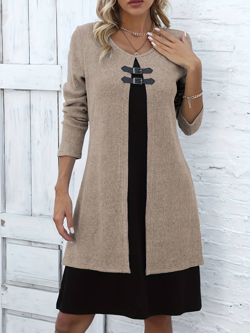 Shirahoshi | Ribbed Long Sleeve Buckle Front Dress