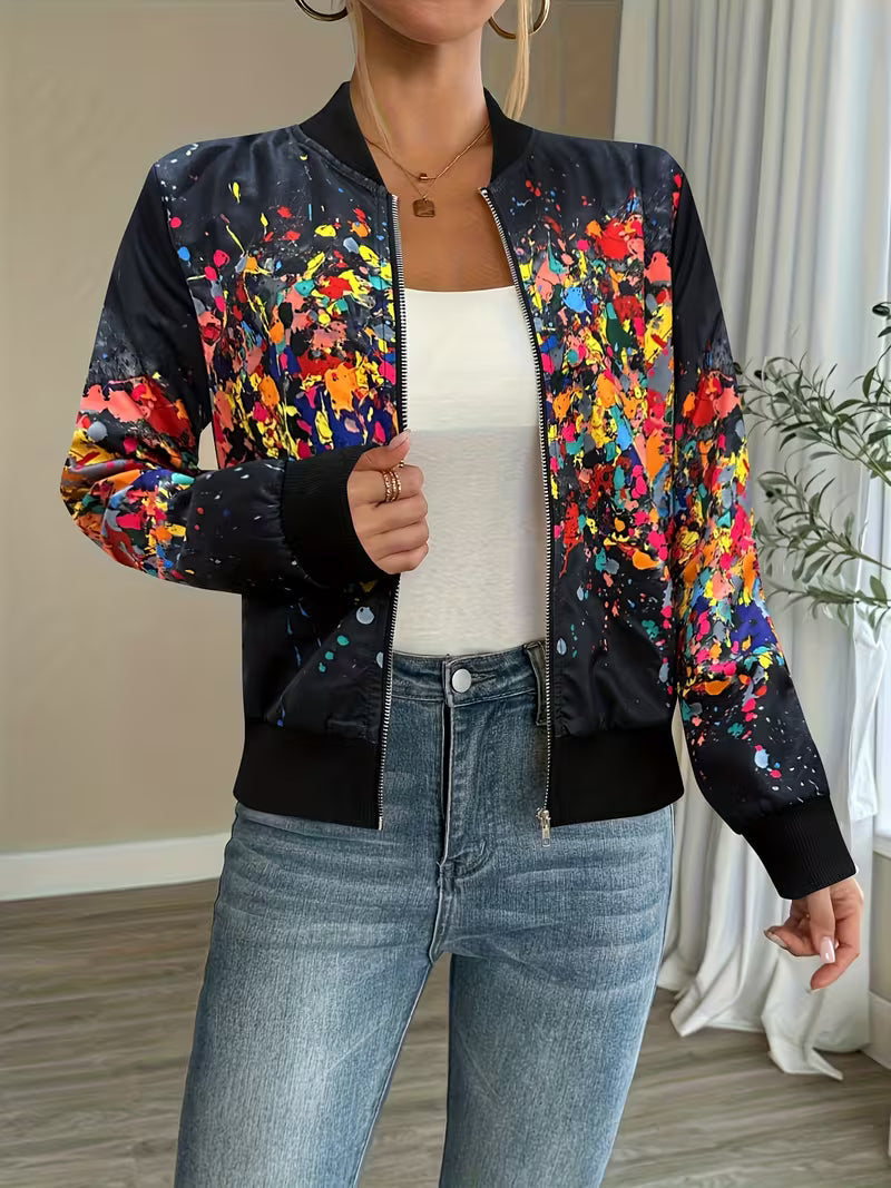 Deloova | Abstract Print Bomber Jacket with Zip Front
