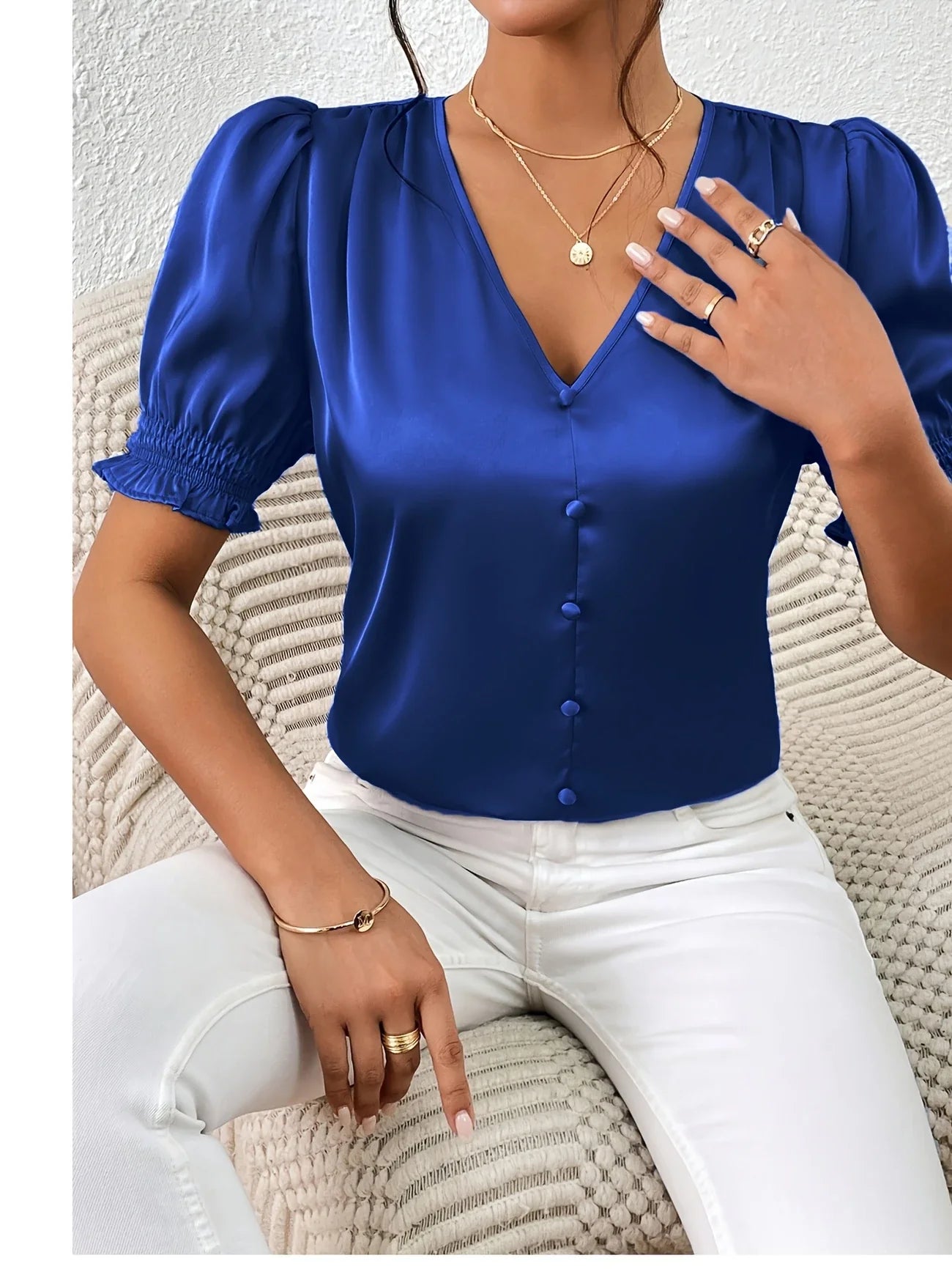 Abella | Puff Sleeve V-Neck Button Blouse