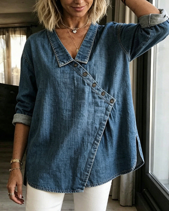Olizia | Denim-Style Wrap Button Blouse
