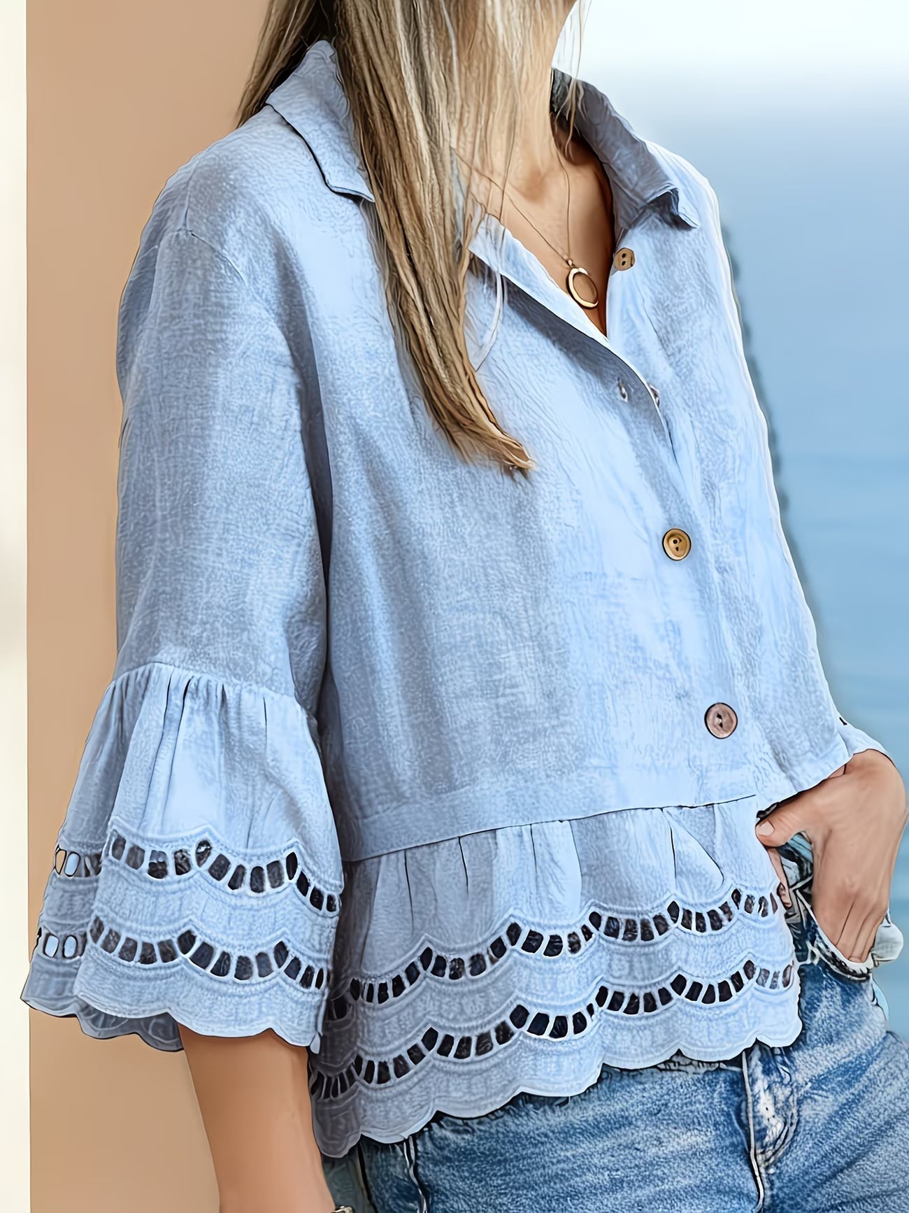 Solenn | Long Sleeve Lace Trim Button Blouse