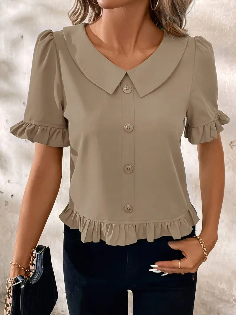 Foteini - Short Sleeve Ruffle Hem Button Blouse