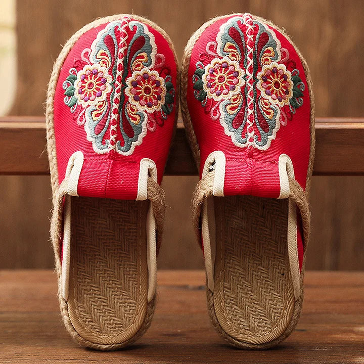 Katy | Floral Embroidered Cotton Mule Sandals