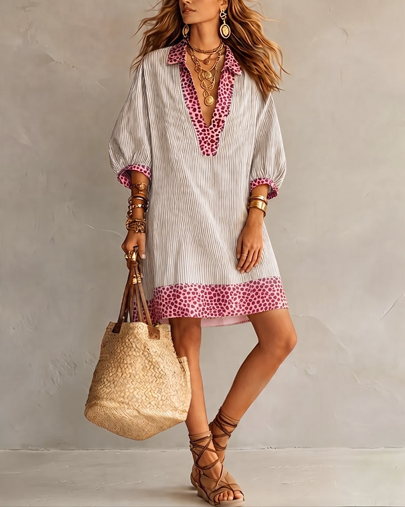 Marget | Striped V Neck Puff Sleeve Dress