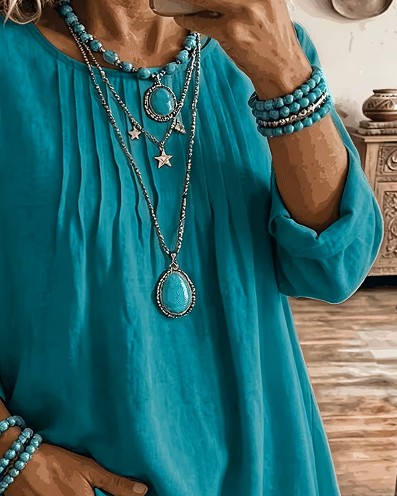 Taireen | Tunic Blouse with Pleated Round Neckline