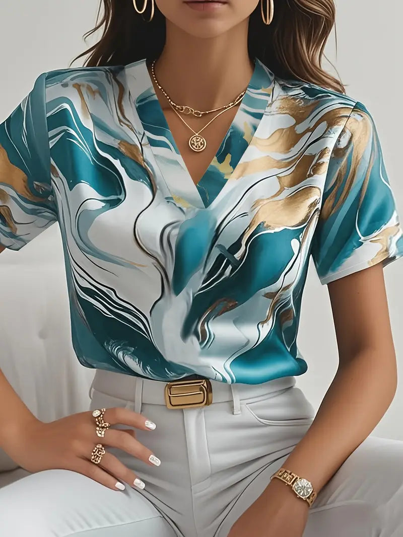 Maroula - Marble Print V Neck Short Sleeve Blouse