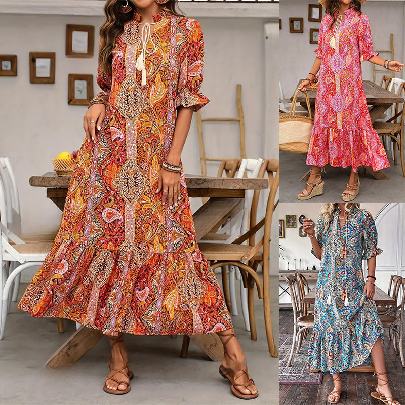 Aniy | Paisley Print Tassel Tie Midi Dress