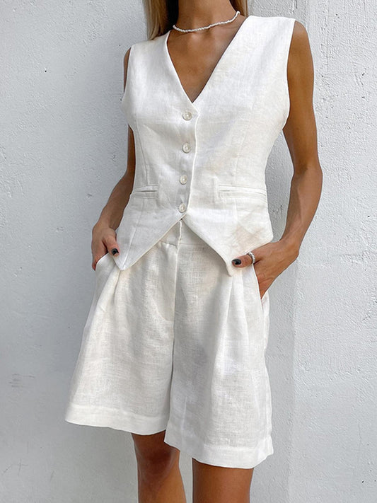 Dynisa | Linen-Look V-Neck Waistcoat Shorts Set
