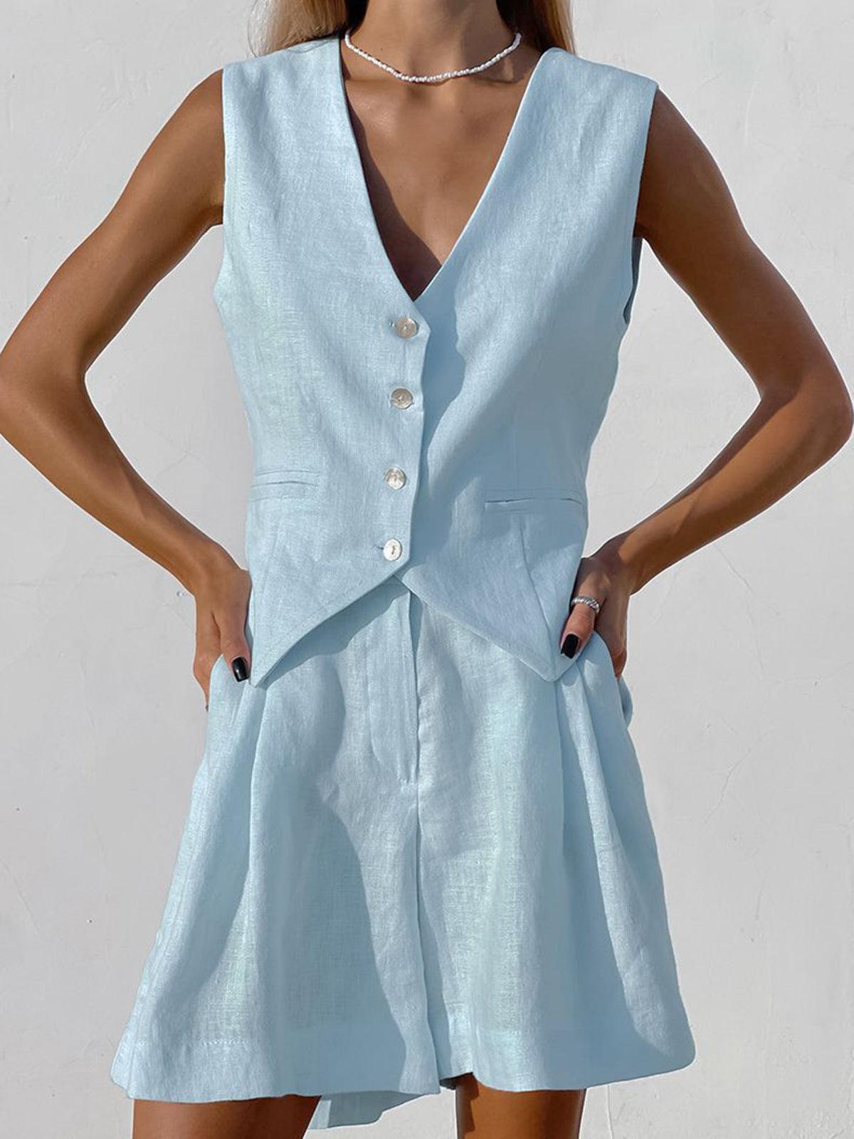 Dynisa | Linen-Look V-Neck Waistcoat Shorts Set
