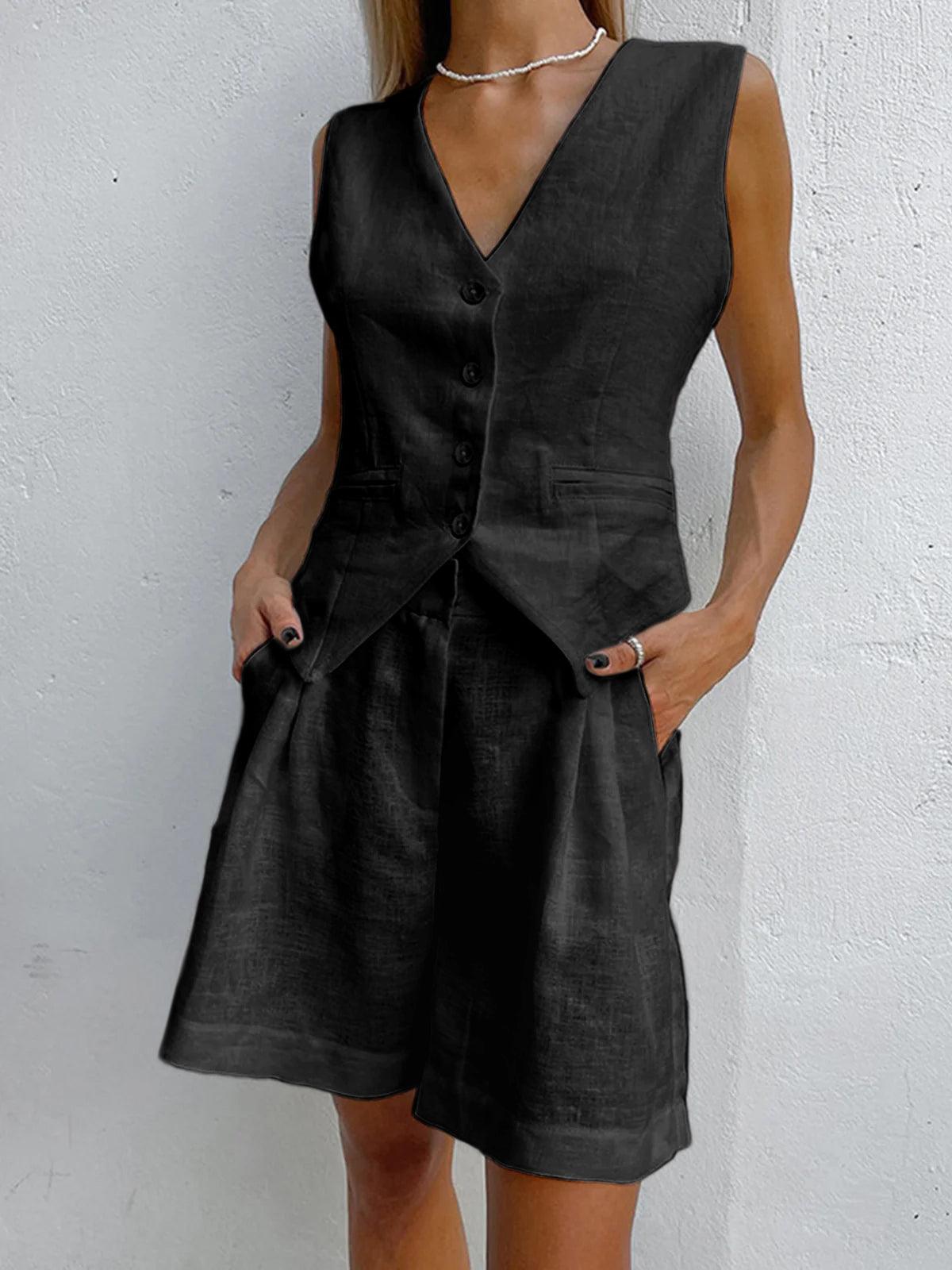 Dynisa | Linen-Look V-Neck Waistcoat Shorts Set