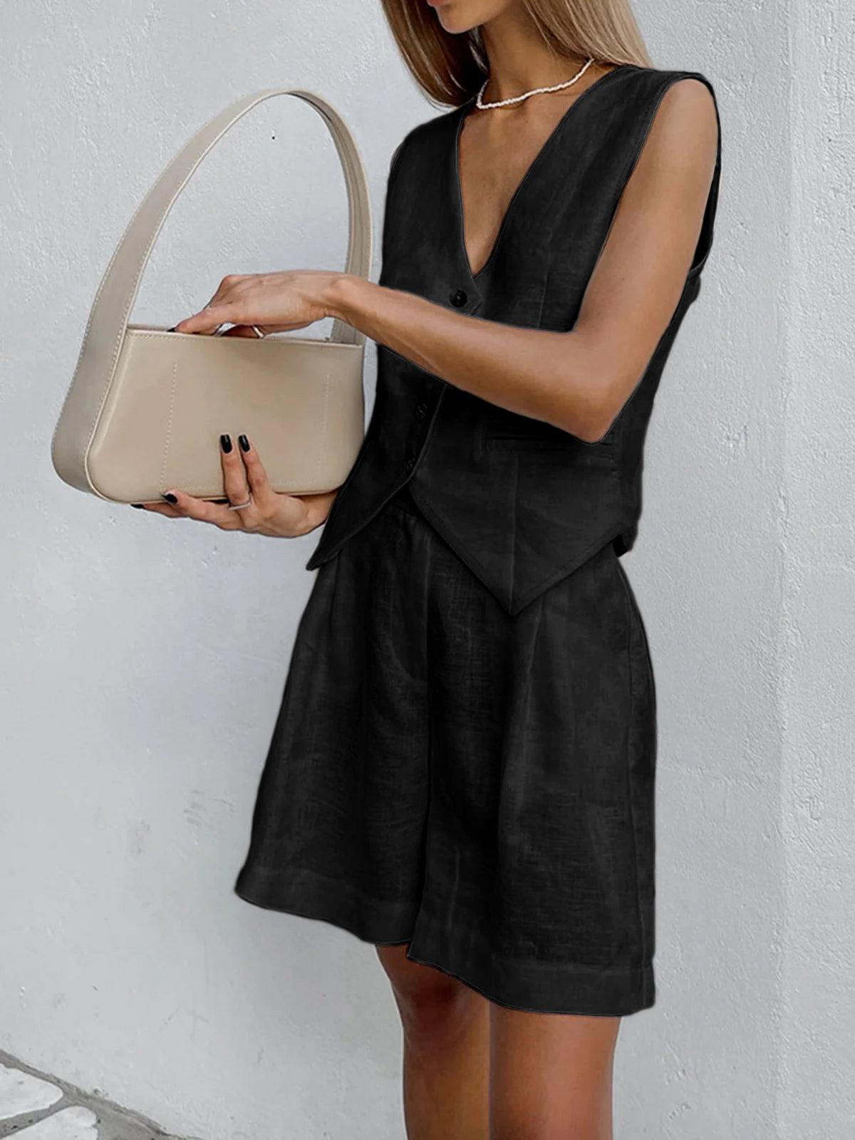 Dynisa | Linen-Look V-Neck Waistcoat Shorts Set