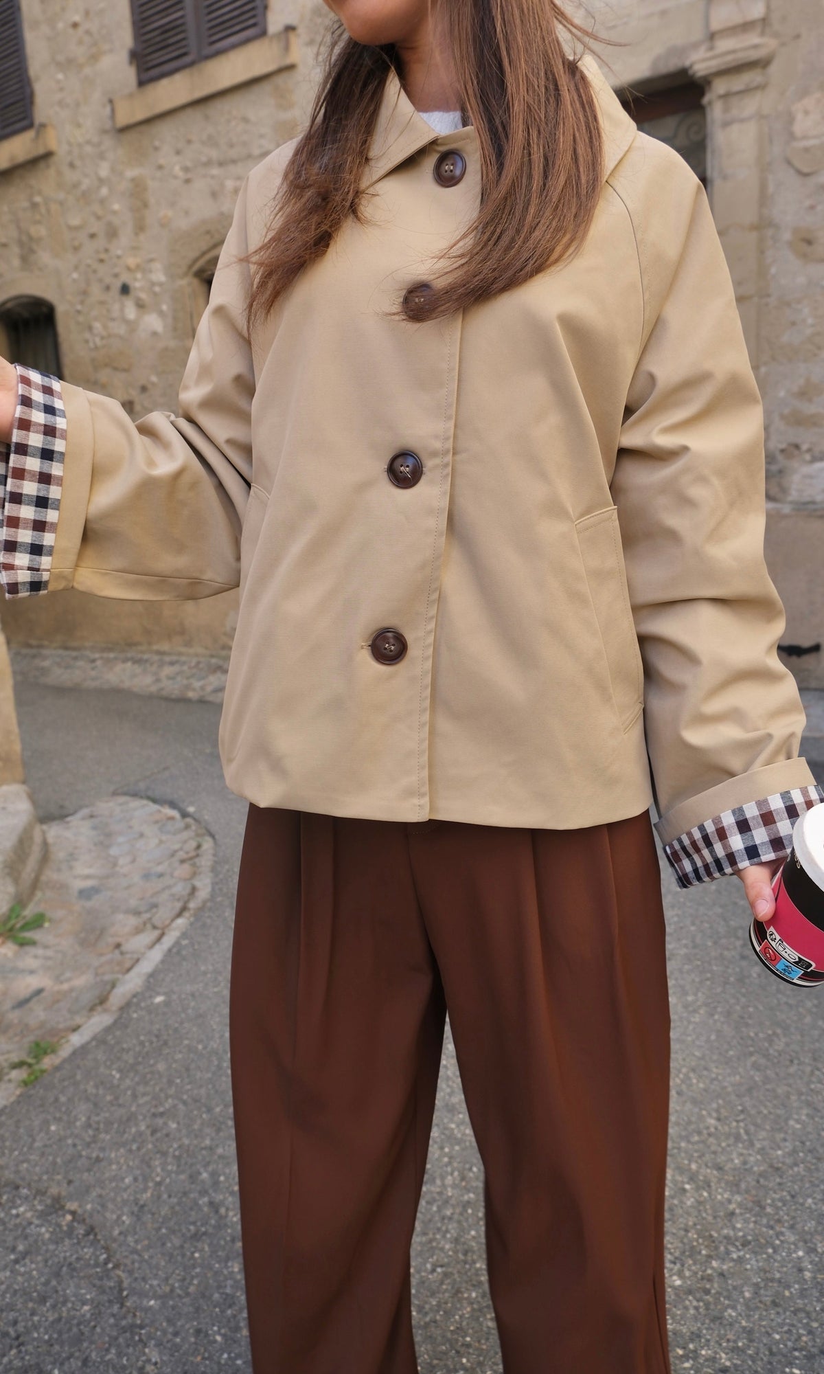 Solmaz | Cropped Button Jacket with Checkered Cuffs