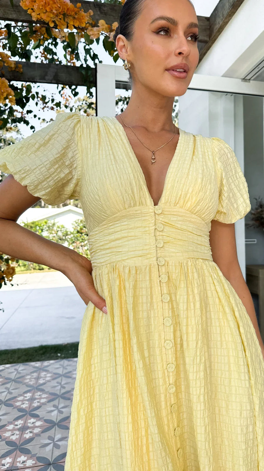 Sneja | Puff Sleeve Button Front Midi Dress