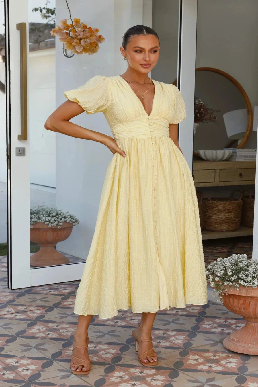 Sneja | Puff Sleeve Button Front Midi Dress