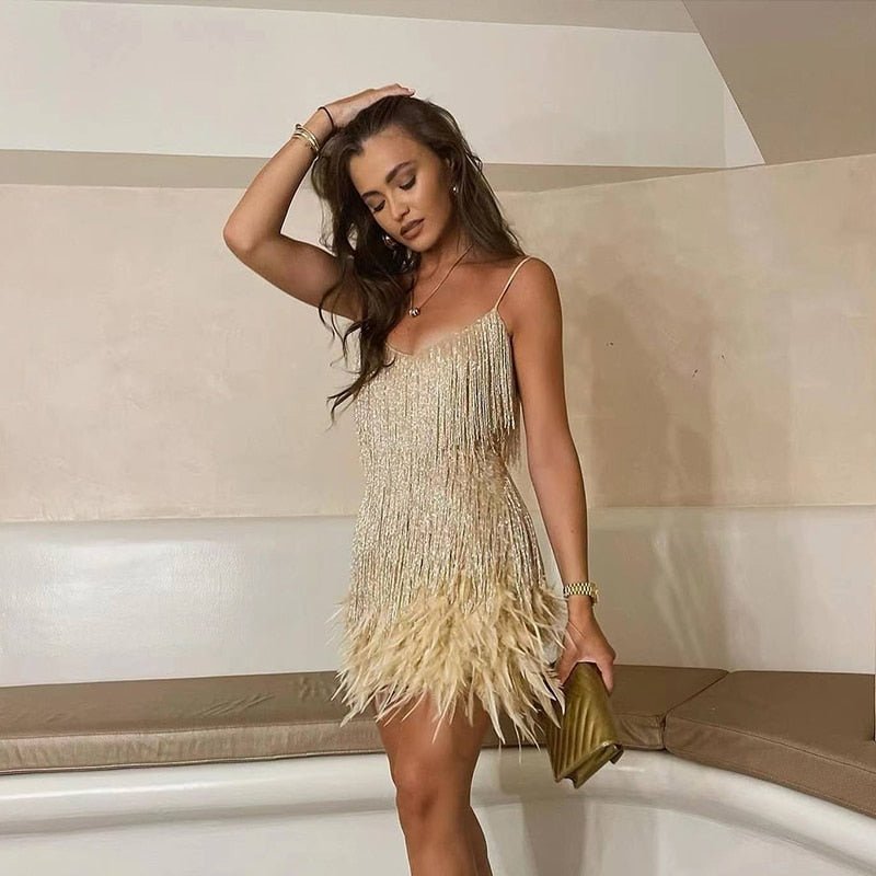 Jemima | Fringe Feather Hem Mini Slip Dress