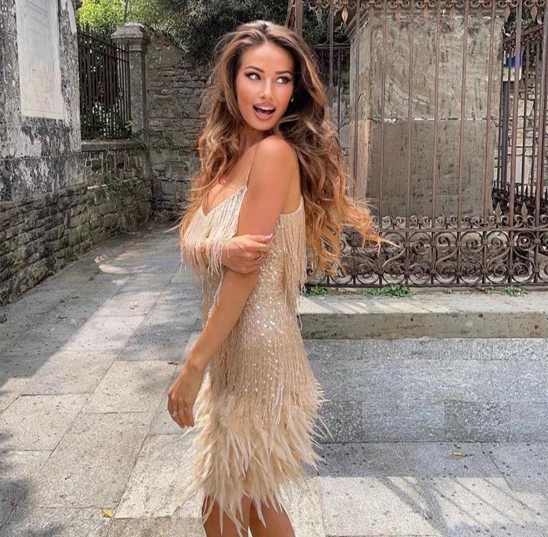 Jemima | Fringe Feather Hem Mini Slip Dress