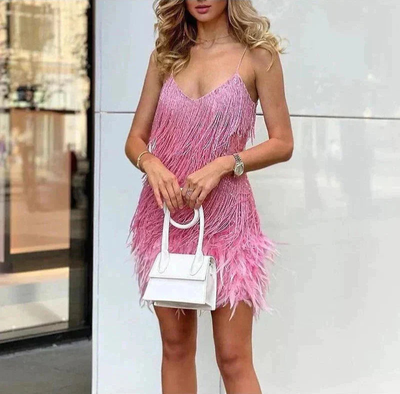 Jemima | Fringe Feather Hem Mini Slip Dress