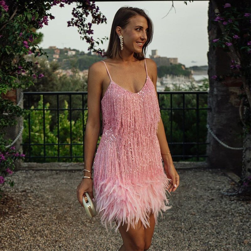 Jemima | Fringe Feather Hem Mini Slip Dress