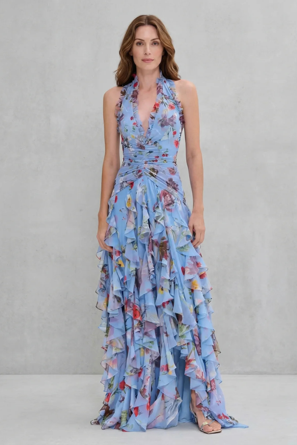 Eliora | Floral Halterneck Ruffle Maxi Dress