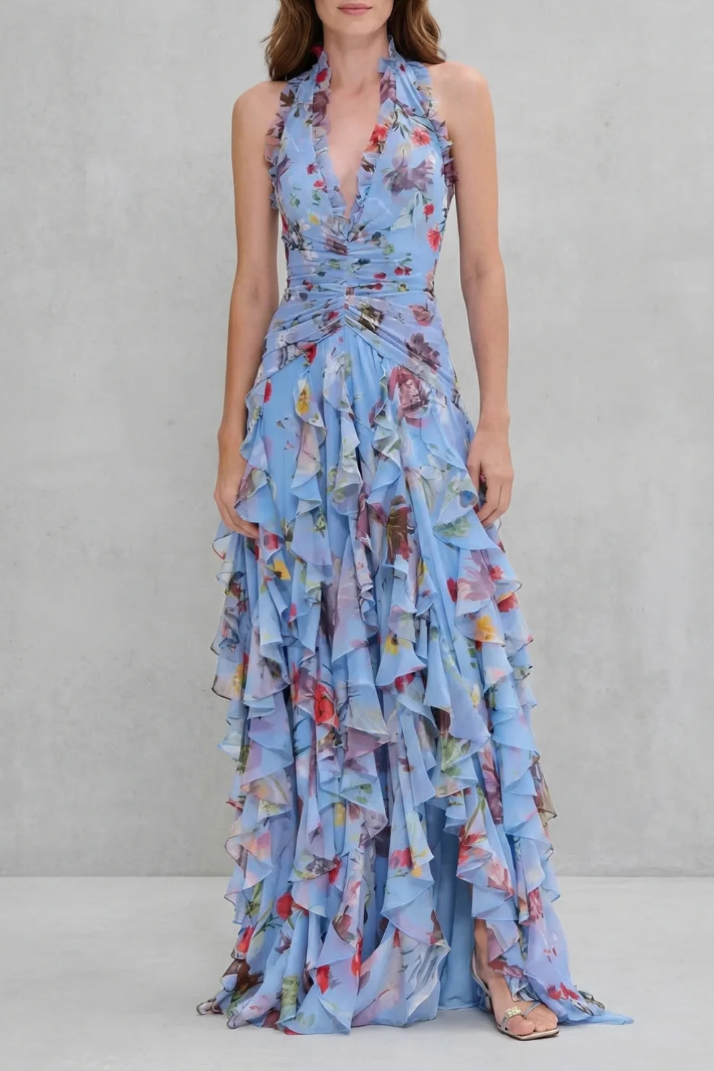 Eliora | Floral Halterneck Ruffle Maxi Dress