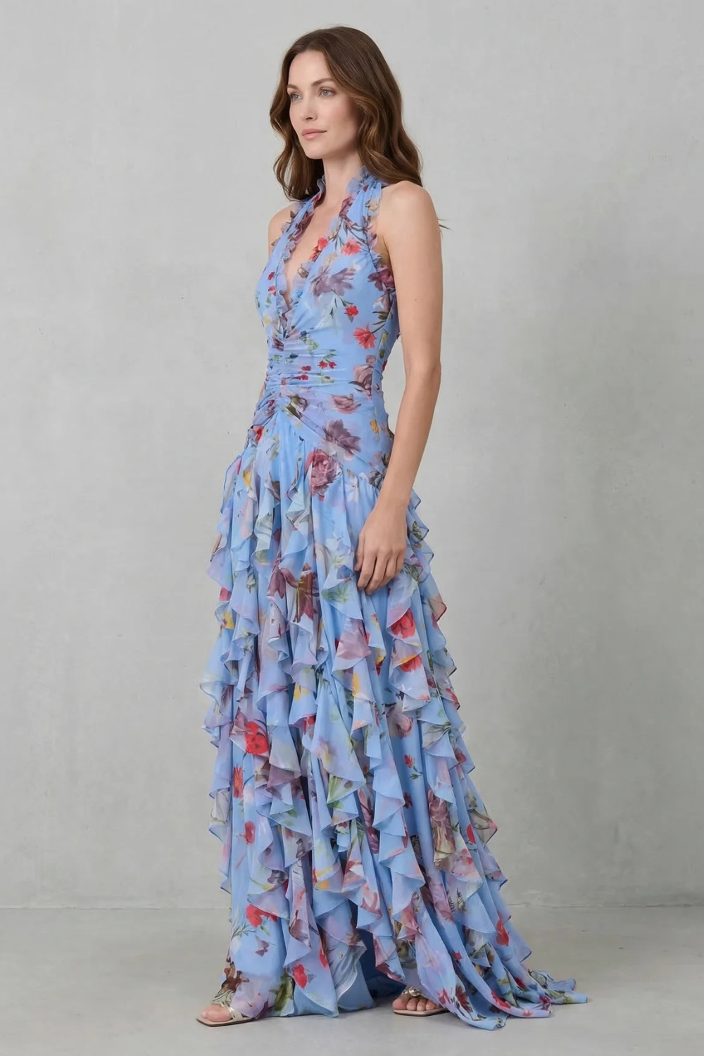 Eliora | Floral Halterneck Ruffle Maxi Dress
