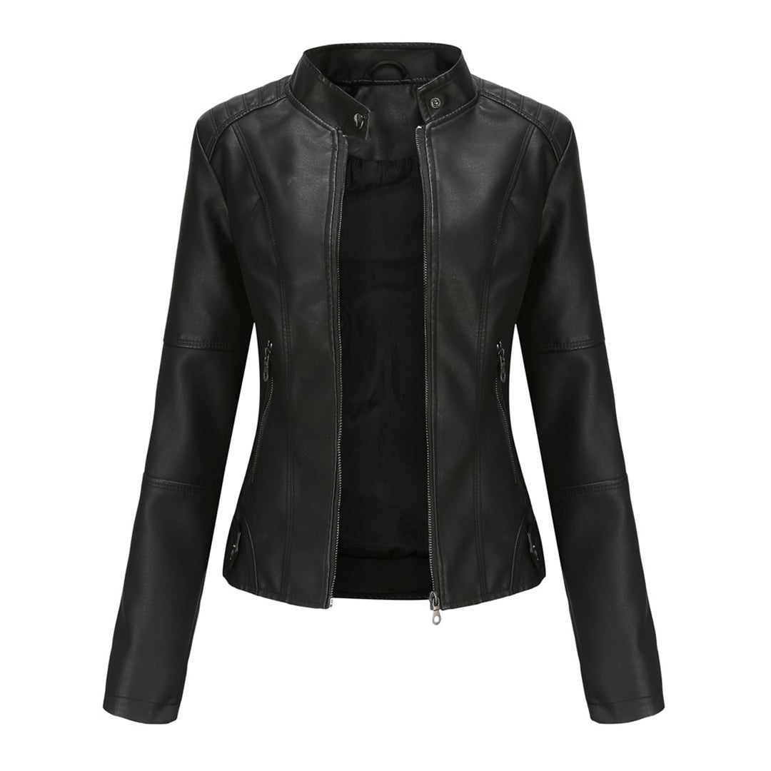 Hanneke | Faux Leather Stand Collar Zip Jacket