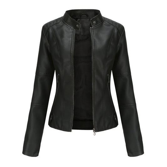 Hanneke | Faux Leather Stand Collar Zip Jacket