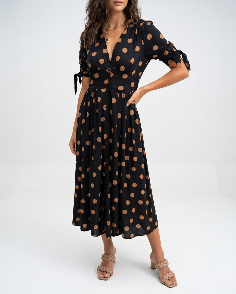 Fabienne | Polka Dot Button Front Midi Dress