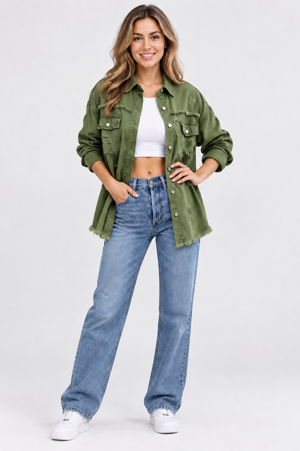 Rebbecca | Distressed Denim Shirt Jacket with Pockets