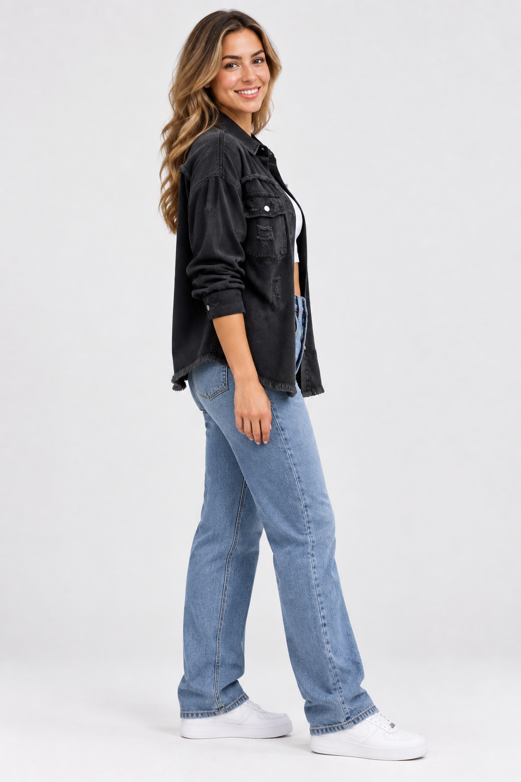 Rebbecca | Distressed Denim Shirt Jacket with Pockets
