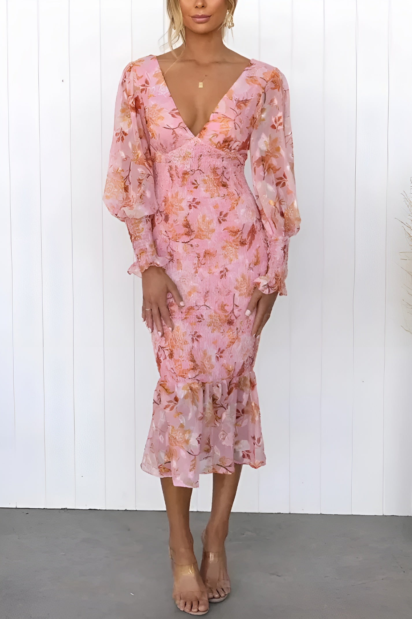 Nayra | Midi Dress Floral V Neck Long Sleeve