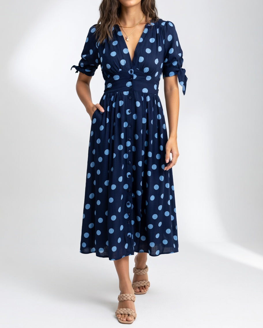 Fabienne | Polka Dot V Neck Midi Dress