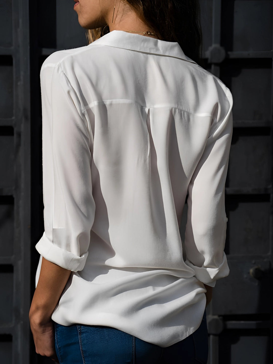 Sizina - V Neck Roll Sleeve Satin Shirt