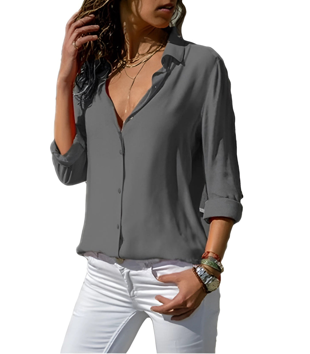 Sizina - V Neck Roll Sleeve Satin Shirt