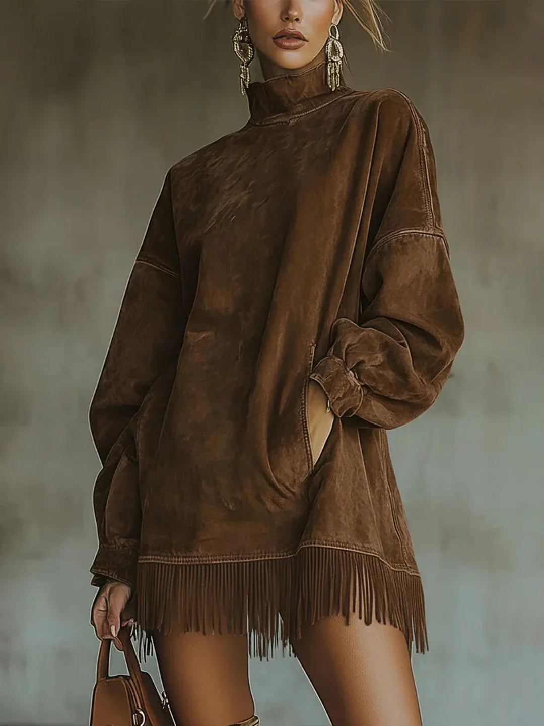Syanna | Fringe Hem High Neck Oversized Sweatshirt